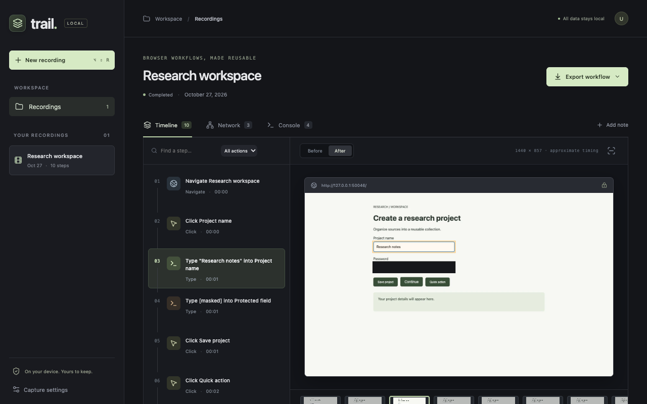 Trail’s real workflow library showing grouped typing, masked private fields and a highlighted screenshot